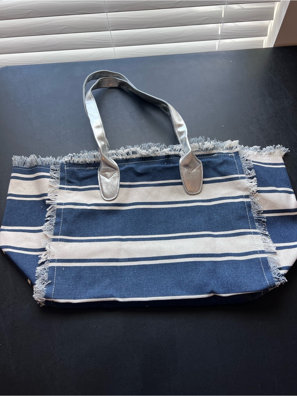 Striped Navy & White Tote Bag with Silver Handles
